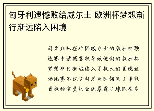 匈牙利遗憾败给威尔士 欧洲杯梦想渐行渐远陷入困境