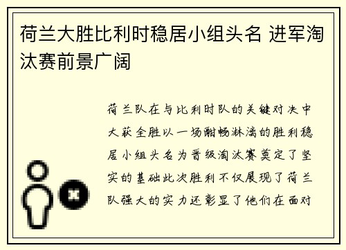 荷兰大胜比利时稳居小组头名 进军淘汰赛前景广阔