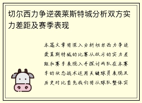 切尔西力争逆袭莱斯特城分析双方实力差距及赛季表现