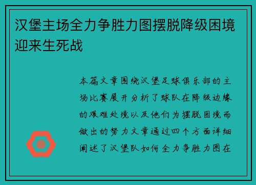 汉堡主场全力争胜力图摆脱降级困境迎来生死战