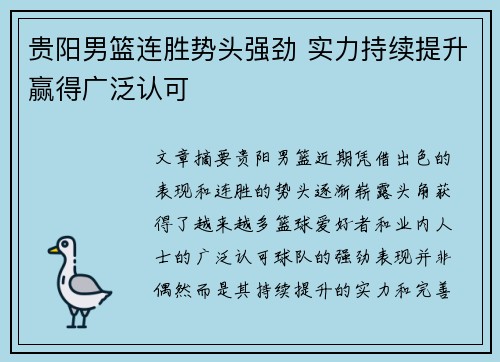 贵阳男篮连胜势头强劲 实力持续提升赢得广泛认可