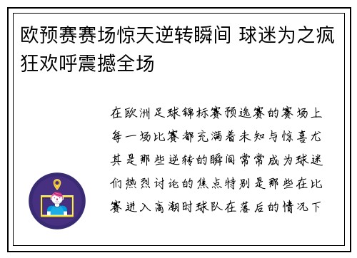 欧预赛赛场惊天逆转瞬间 球迷为之疯狂欢呼震撼全场